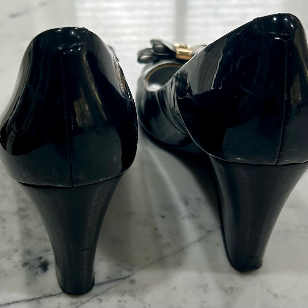 Coach Black Patent Leather Bow Peep-Toe Heels - Picture 7 of 7
